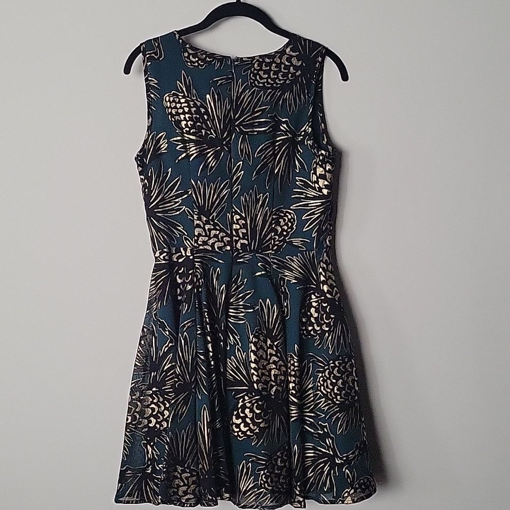 NWT Maison Jules Fit Flare S Dress Knee Gold Metallic Green Teal Printed Retro